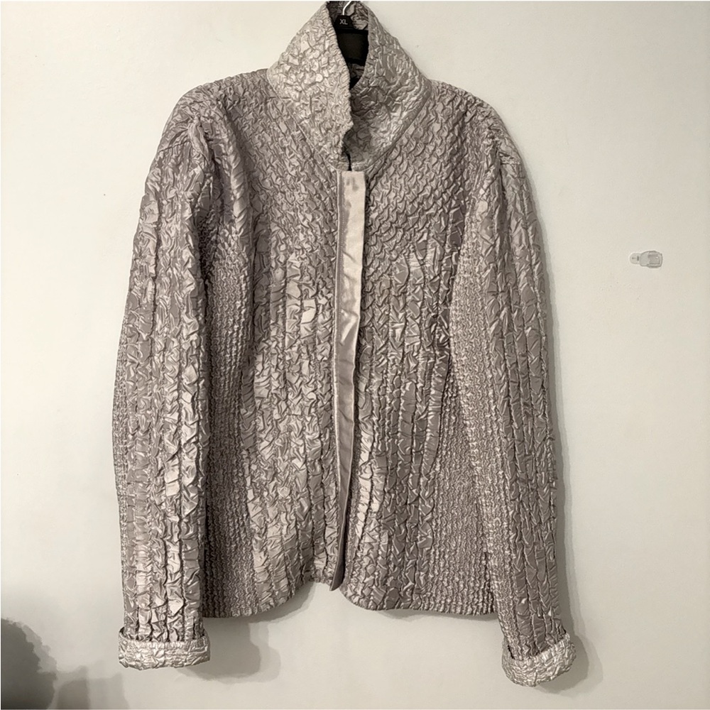 Sloni Jacket Shimmering Silver Lightweight Mock Neck Ruched Texture Sz XL